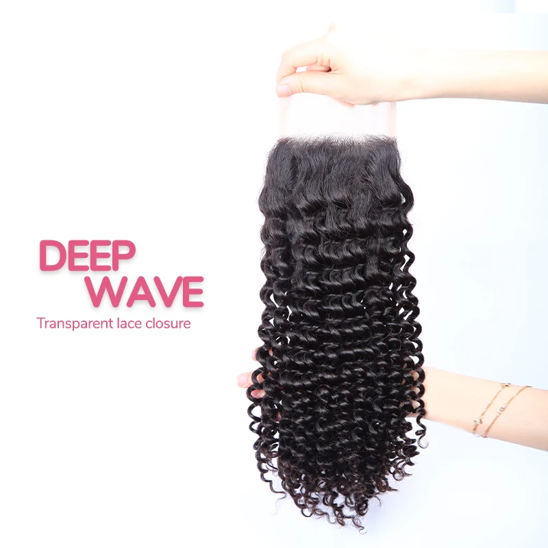 Extensiones de cabello humano ondulado profundo con cierre de encaje suizo transparente, extensiones de cabello brasileño atadas a mano, mechones de doble tejido