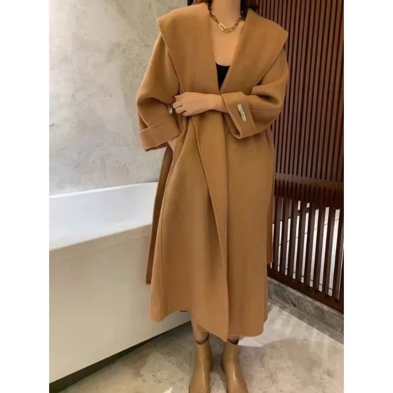 

Двустороннее шерстяное пальто для отдыха, элегантная пригородная тонкая куртка с длинным поясом, зимняя высококачественная шерстяная женская куртка с большим воротником
