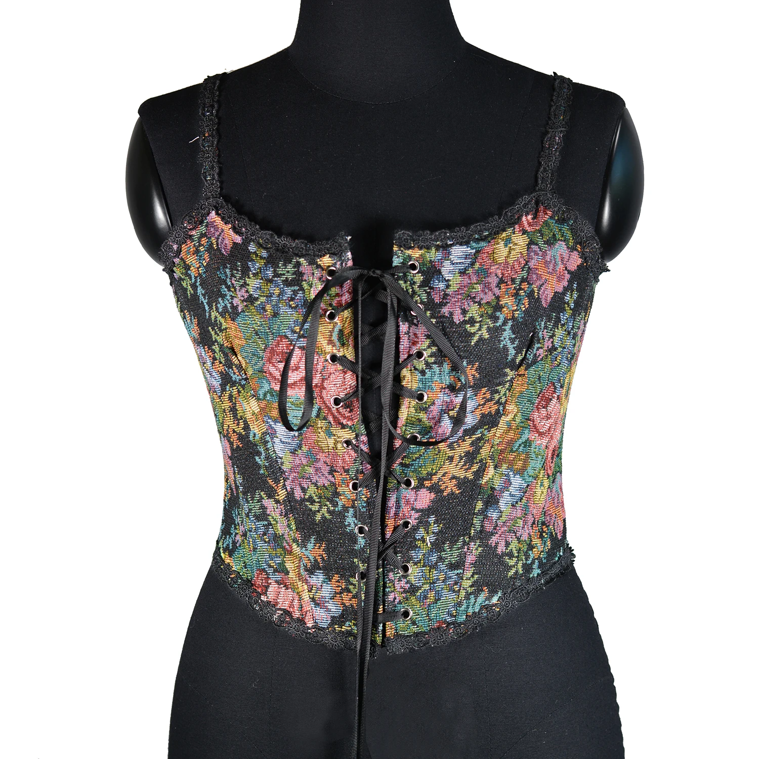 Woman's Vintage Oil Painting Peony Jacquard Lace Trim Corset Top Lace-Up Front Woven Camisole