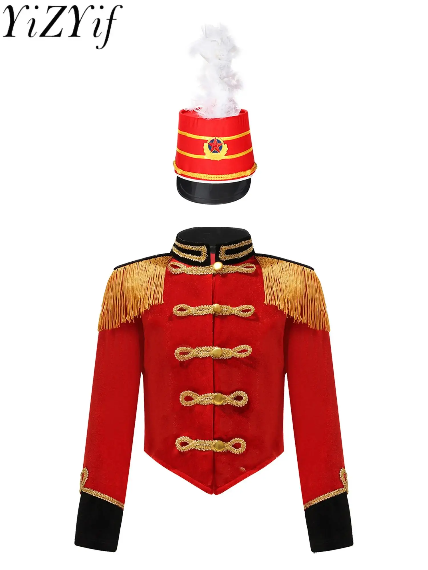 Kids Boys Girls Soldier Hat Drum Trumpet Team Costume Long Sleeve Showman Tassel Jacket Halloween Cosplay Costume