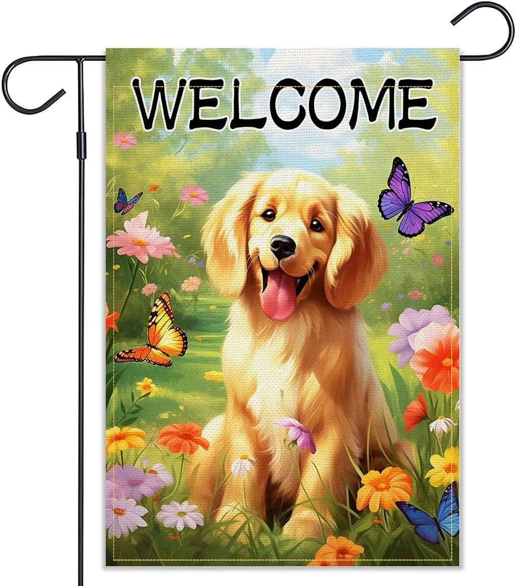 Balgardekor Welcome Spring Golden Retriever Garden Flag Double Sided Dog Seasonal Floral Yard Ourdoor Decoration 12x18 Inch Outs