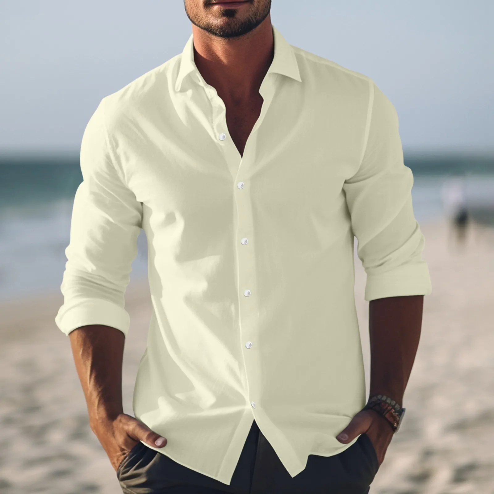 Summer Casual Shirts For Men Fashion Trend Cotton Linen Shirts With Chest Pockets Long Sleeve Lapel Button-down Blouse Tops