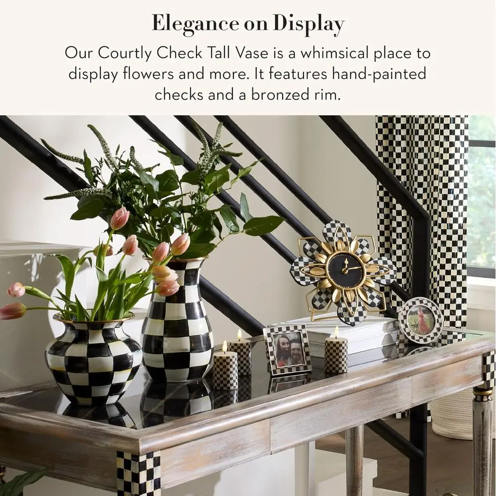Elegant Black & White Checkered Tall Enamel Flower Vase for Living Room Decor