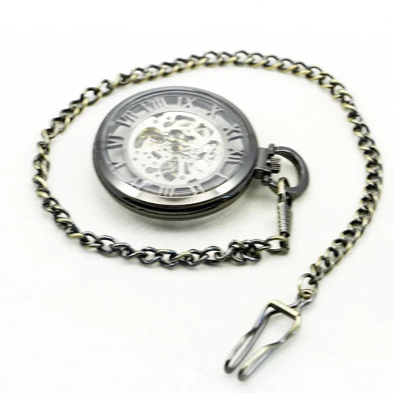 Zwart Vintage Mechanisch Zakhorloge Luxe Hanger Horloge Voor Mannen Met Zak & Ketting Ketting