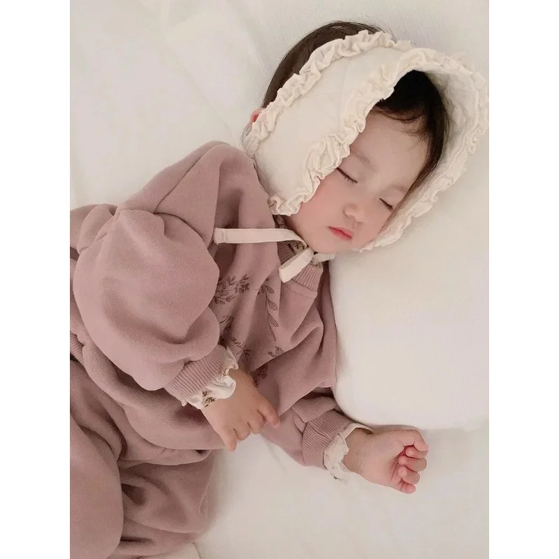 Conjuntos de otoño e invierno para niña y bebé, conjunto de sudadera gruesa de terciopelo, Tops con estampado de letras de algodón polar y pantalones lisos, 2 uds.