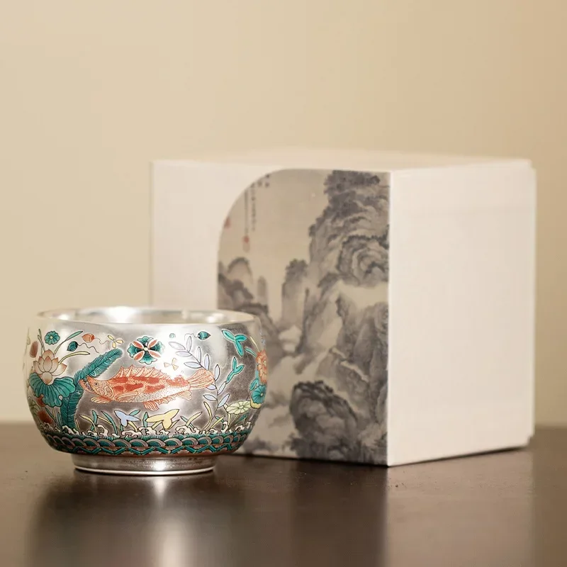 Chinese Style Tea Cup Fish and Algae Pattern, Silver Gilded Master Ceramic Cups, Personal Cup, Savoring Single Kung Fu, Mug
