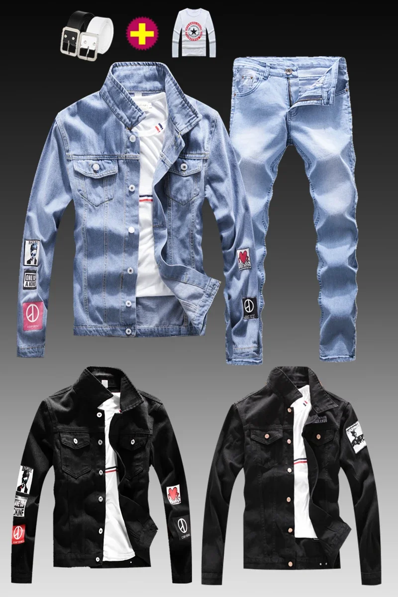 Fashion Mens Washed Denim Jacket Jeans Pants 2pcs Set Appliques Long Sleeve Coat Casual Slim Fit Boys Clothing S-XXXL Autumn