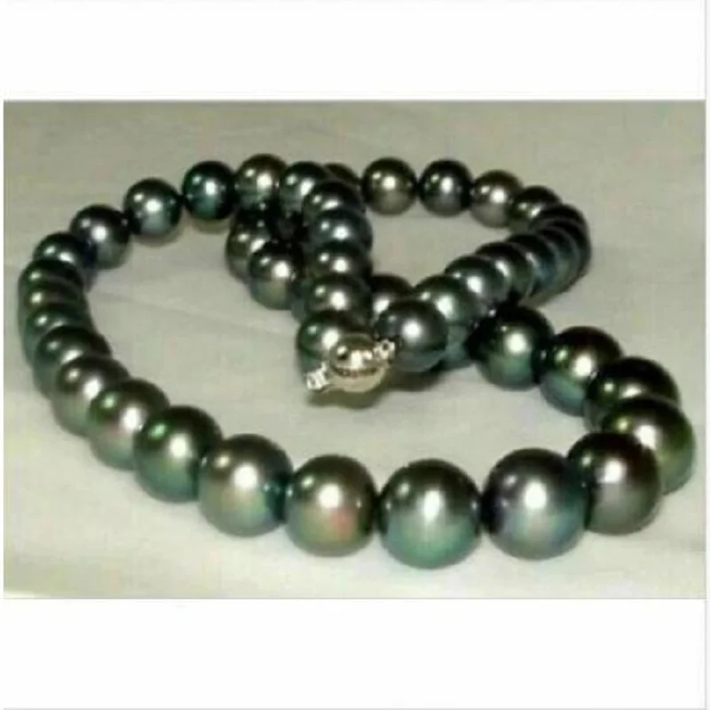 stunning AAAA10-11mm perfect round tahitian black pearl necklace 16-36inch 925s