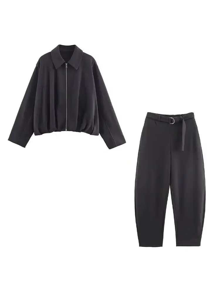 HH Donna Primavera Risvolto Cerniera in metallo Tasca laterale Decorazione Giacca bomber in flanella + Pantaloni con coulisse Cintura Set da due pezzi