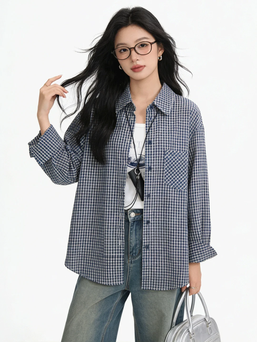 

Ретро-корейский стиль: темно-синяя клетчатая рубашка-жакет, женский укороченный жилет, внутренняя одежда, весна 2026, свободная утягивающая верхняя одежда