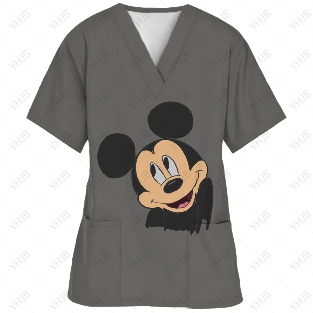 Disney-Women\'s Minnie Mickey Print Nursing Scrubs T-Shirt, Casual Tops, Short Sleeve, V-neck Pocket, Women Uniform