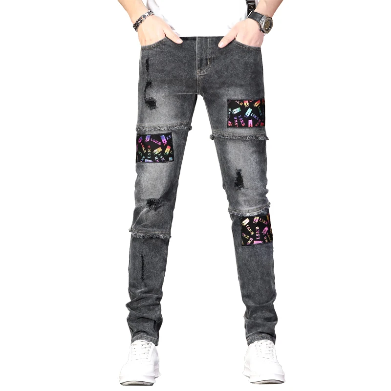 Men's ripped jeans personalized patch printing color stitching slim straight stretch high street motorcycle trousers