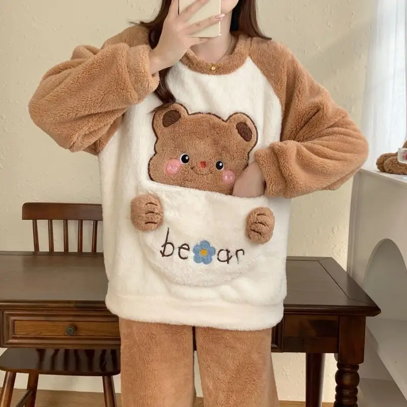 

Kawaii Girl Autumn Winter Pajamas Pj Set Nightwear Coral Fleece Keep Warm Homewear Flannel Thicken Woman Cartoon Sleepwear Suit