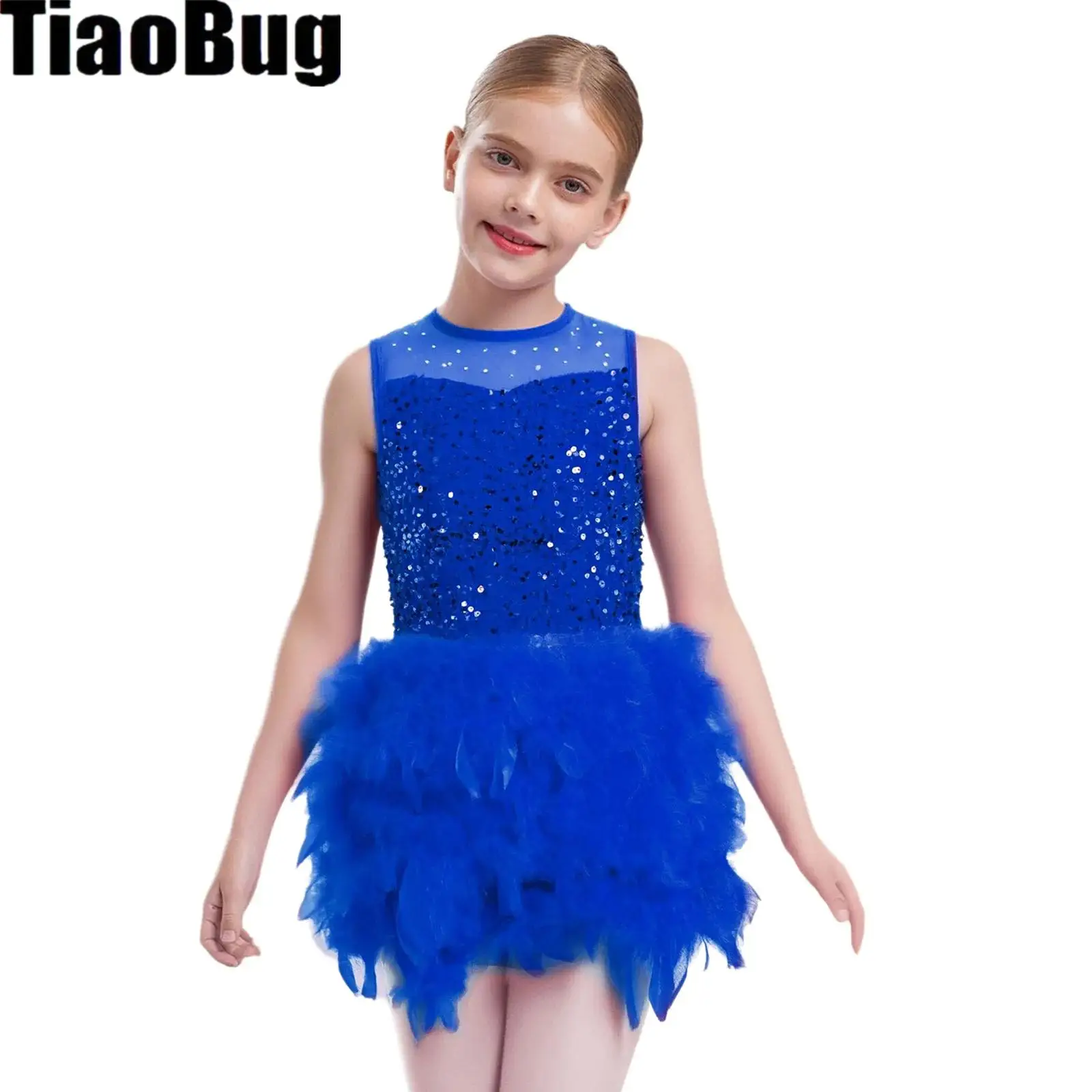 

Kids Girls Feather Dance Dress Sleeveless Back Invisible Sheer Mesh Patchwork Shiny Sequins Velvet Dress with Built-in Briefs