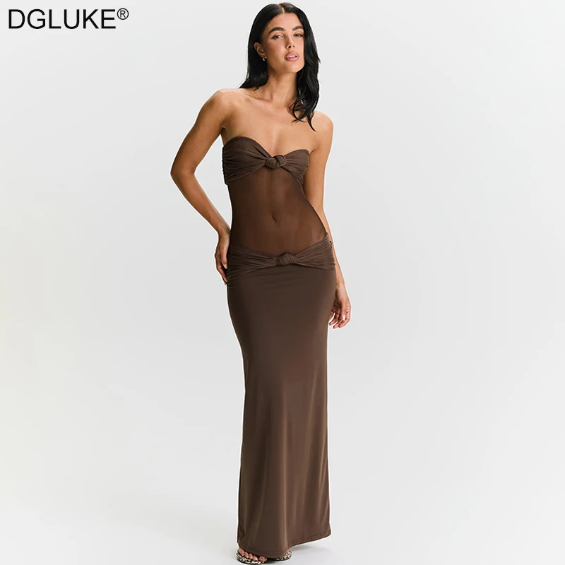 

DGLUKE Knot Front Bandeau Maxi Dress Women Strapless Mesh Inset Maxi Dress Sexy Backless Ruched Long Dress Party Club Wear