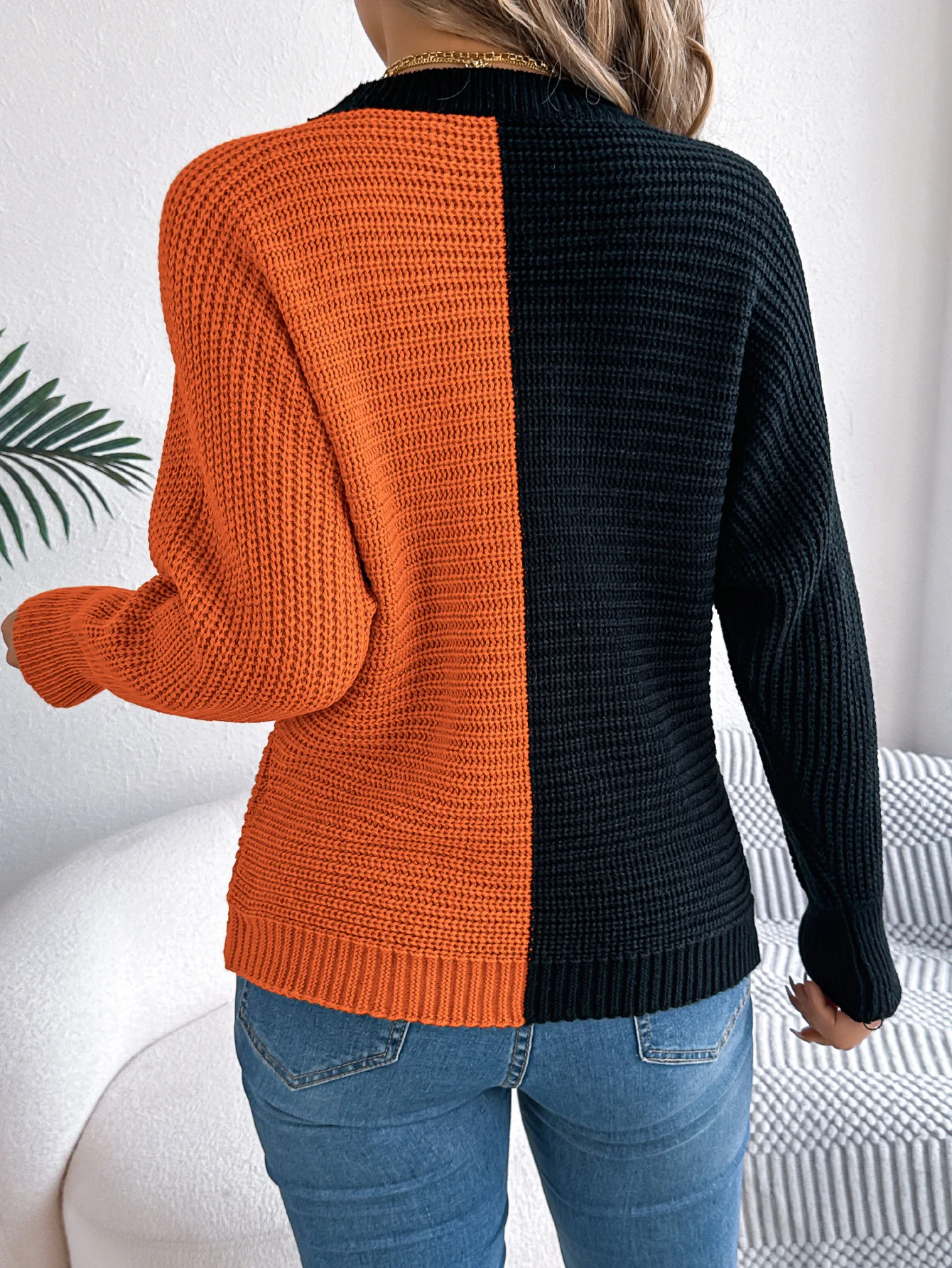 Women's New Winter Color-Block Round Neck Long Sleeve Pullover Sweater