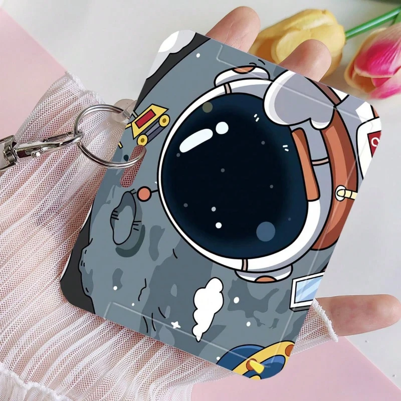 1pc Cartoon Outer Space Astronauts Design with Retractable Spring Rope for Work ID Card Sleeve Holder Protector Card Case