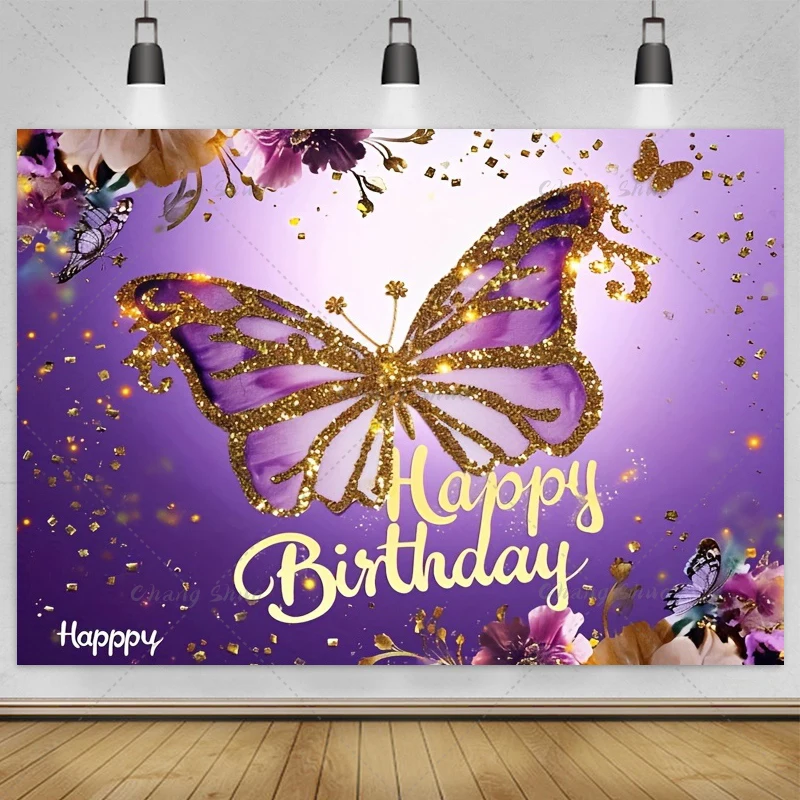 Dreamy Butterfly Theme Photography Child Birthday Party Baby Shower Purple Flowers Banner Background Decoration Photo Studio