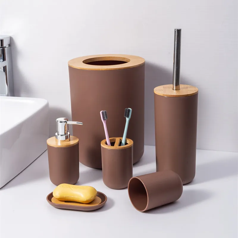 6pcs Bamboo Room Set Bathroom Accessories Set Toothbrush Holder Soap Dispenser Toilet Brush Trash Can Bathroom Essential Set