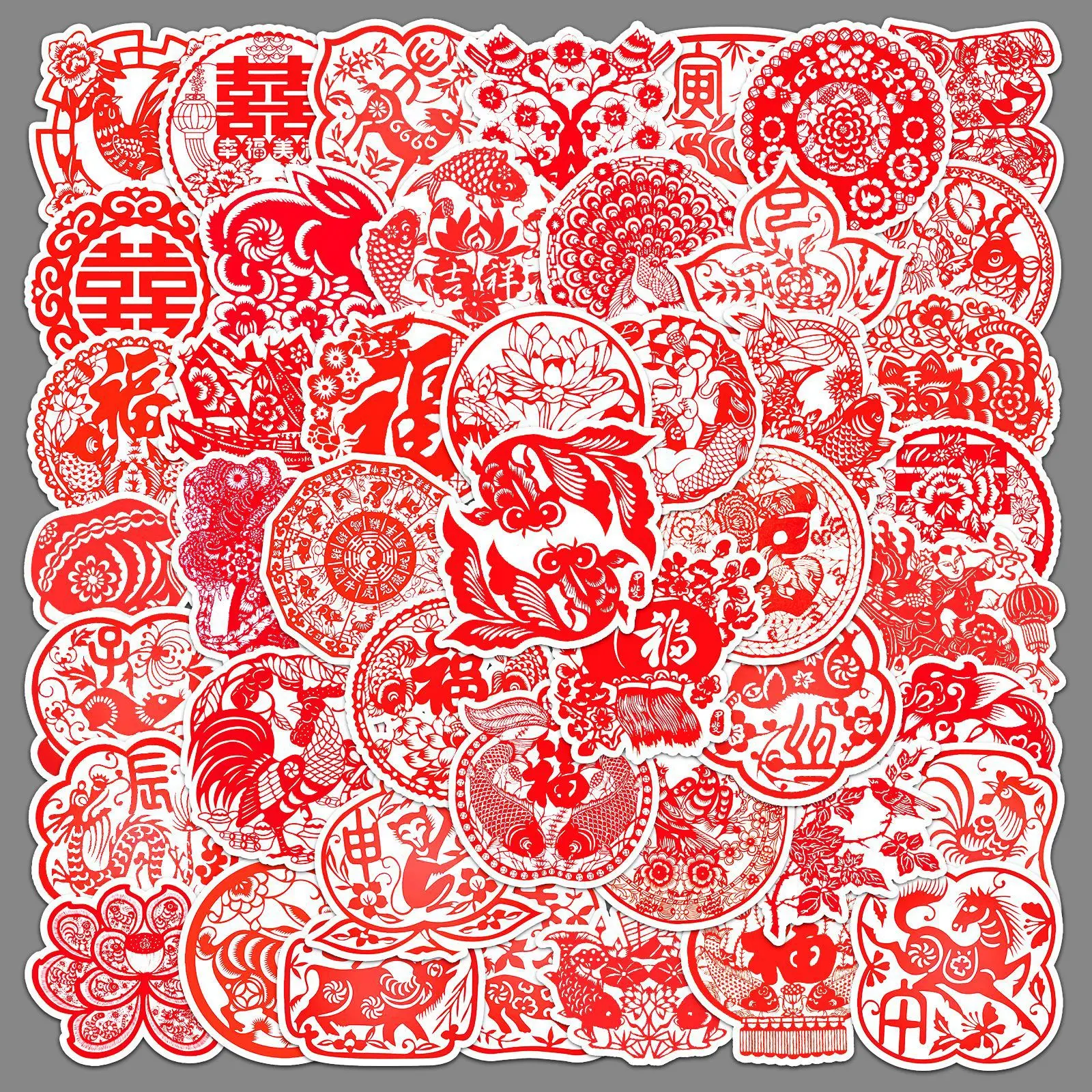 10/30/50pcs New Year Paper-cut Creative Stickers Lucky Chinese Style Diy Hand Account Notebook Cup Material Decoration Sticker