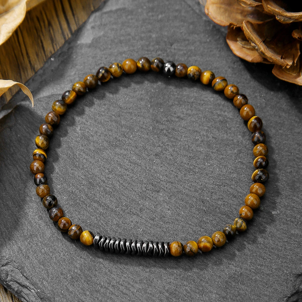 Simple 4Mm Natural Stone Bracelet for Men Volcanic Stone Tiger Eye Beaded Bracelet Silver Hematite Elastic Bracelet Jewelry