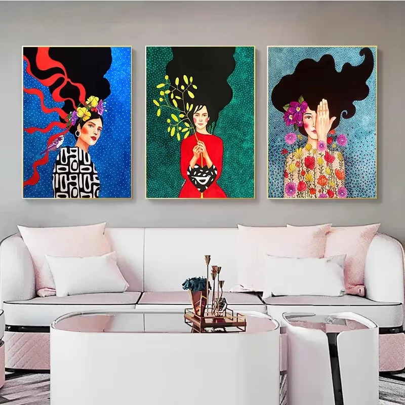 Vintage Abstract Girl Hair Flower Women Wall Art Poster Fashion Nordic Canvas Painting Wall Art Pictures for Home Decoration