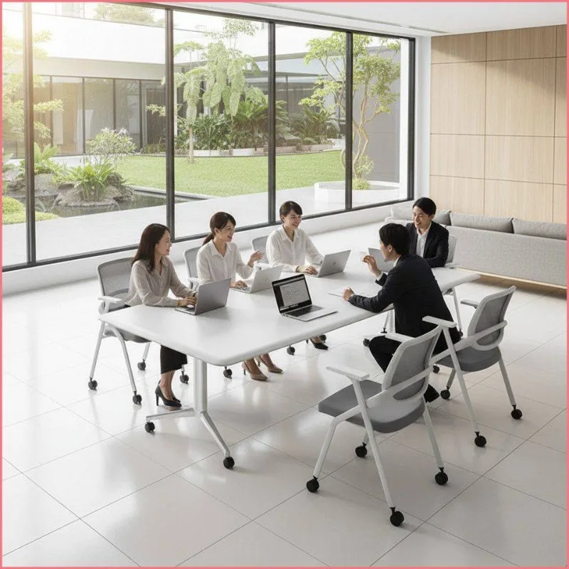 Folding foldable mobile conference table long table, desk splicing multi-functional retractable tables and chairs