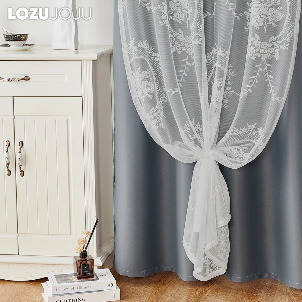 LOZUJOJU Embroidered Style White Sheer Tulle Curtain with  Dark Grey Blackout Curtain for Bay Window Balcony 1PC