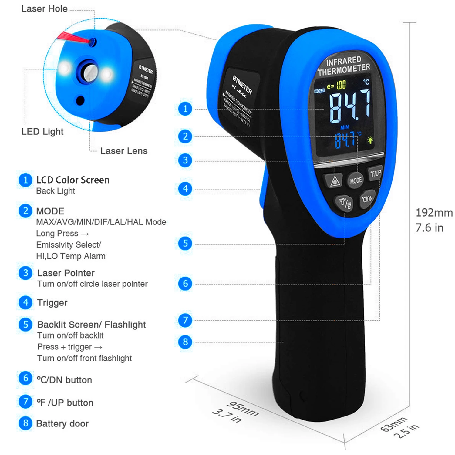 BT-1800C Pyrometer -58°F ~3272°F (-50~1800℃) IR Temp Gun,D:S 50:1 High Temperature Infrared Thermometer for Industrial HVAC