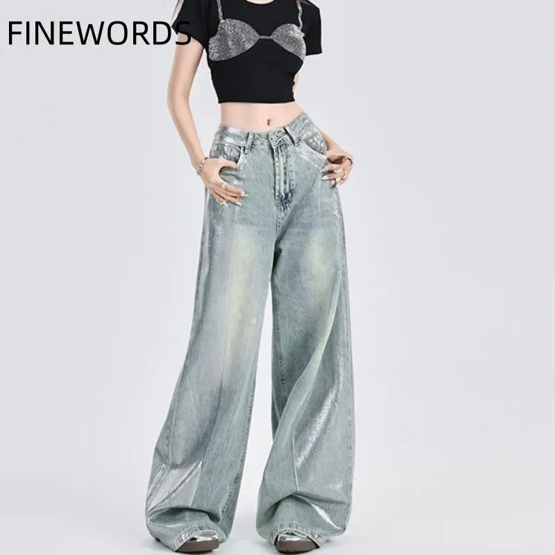 FINEWORDS High Waist Wide Leg Vintage Washed Jeans Women Korean Baggy Jeans Punk Loose Casual Streetwear Denim Pants