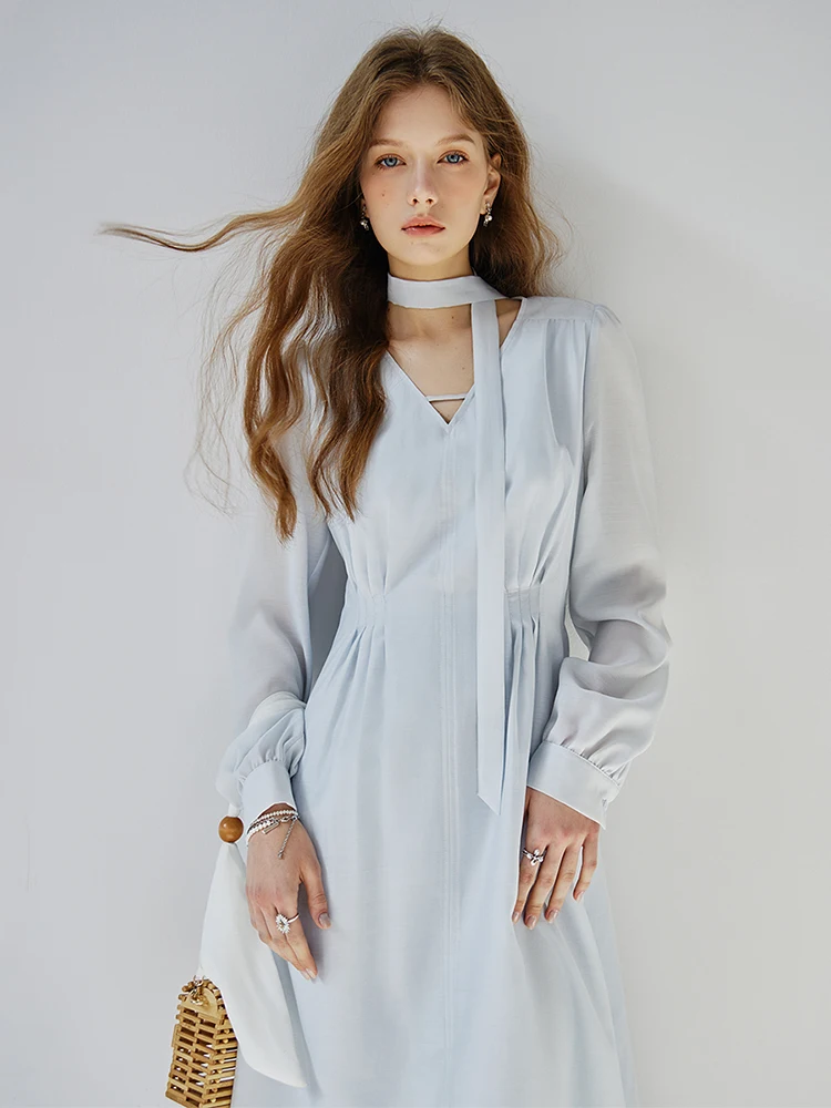 FSLE Women French Style Ribbon Temperament Dress Light Blue High Waist V-Neck Mid-Calf Long Sleeve Dresses 24FS11342