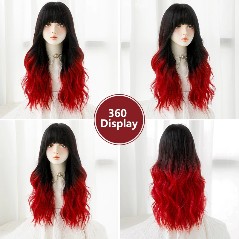 NAMM Long Wavy Ombre Black Wig for Women Daily Party Natural Synthetic Red Hair Wig with Fluffy Bangs Heat Resistant 25inch