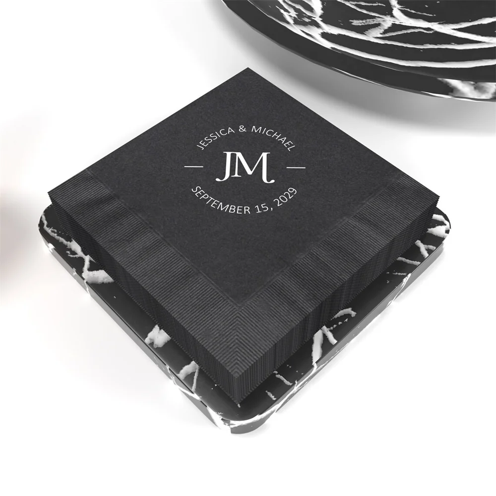 

50PCS Personalized Black Cocktail Napkins, Initial Monogram Wedding Cocktail Napkins Personalized, Wedding Cocktail or Luncheon