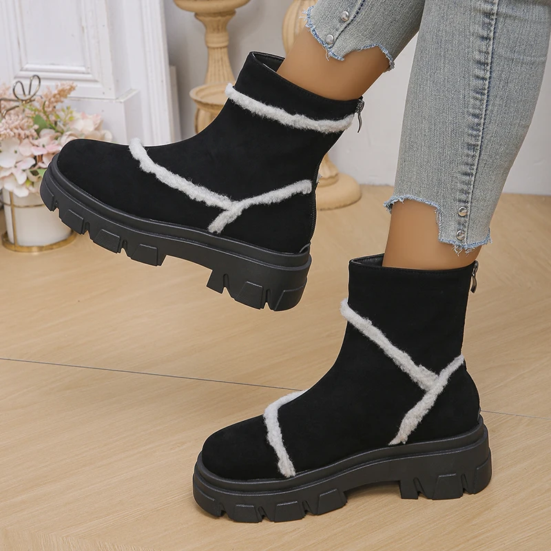 Chunky Platform ข้อเท้าสตรีรองเท้าขนาดใหญ่ลื่นฤดูหนาวโมเดิร์นรองเท้าใหม่สีดําสีขาวซิปด้านหลังรองเท้าส้นสูง Booties