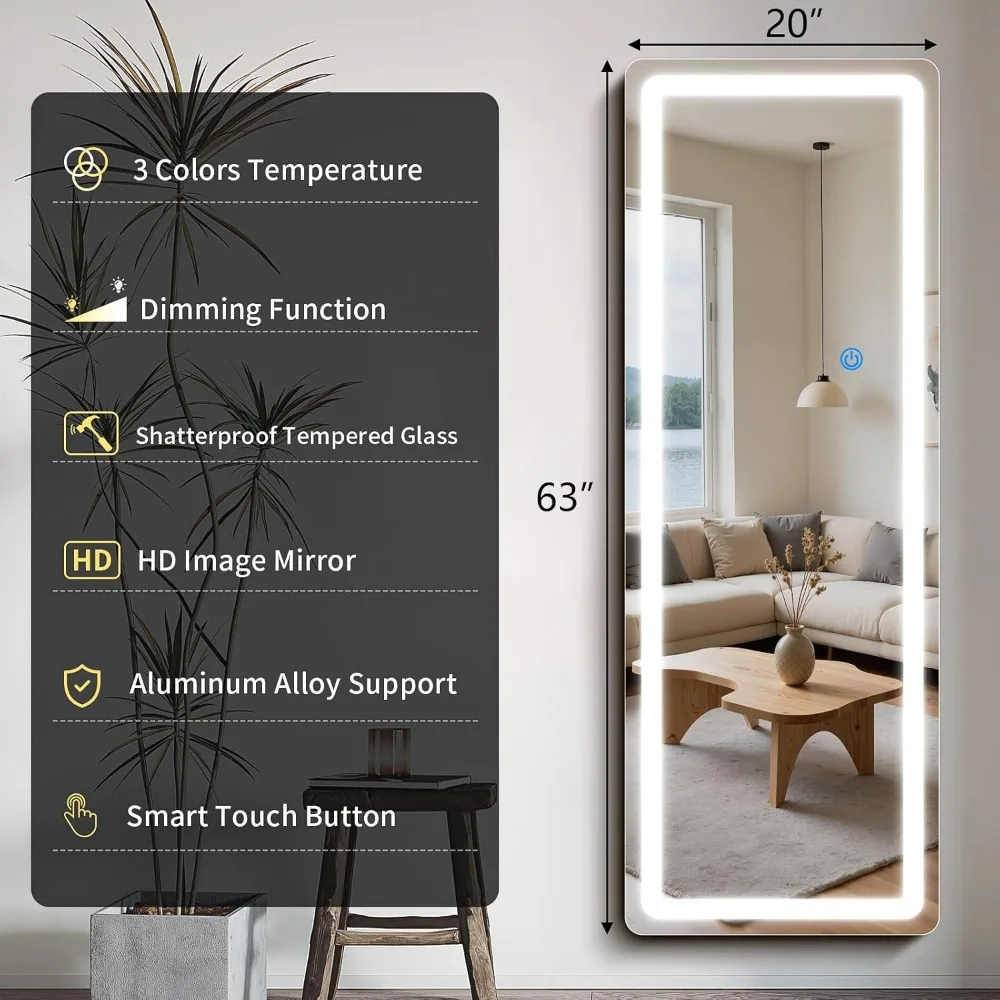 LED Full Length Floor Mirror 63x20 with Rounded Corners, Dimmable 3-Color Lights, Stand-in Full Body Mirror