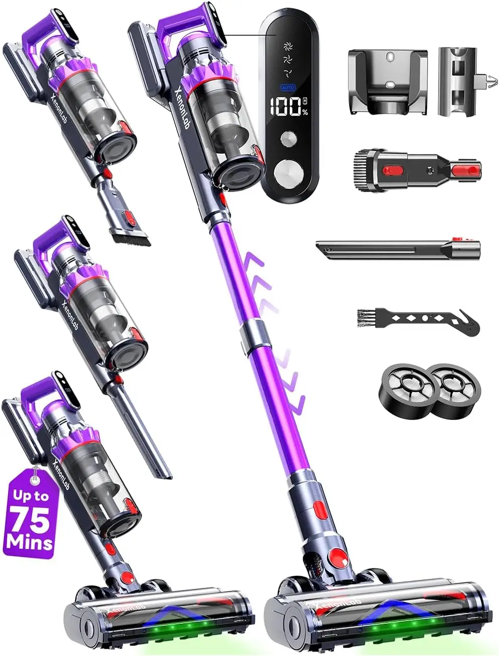 

Беспроводной вертикальный пылесос, 75 минут работы, сила всасывания 55 кПа, автономная работа для уборки полов дома и шерсти животных