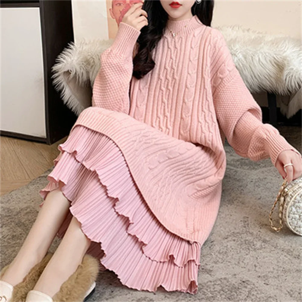 Fashion Long Sleeve Sweater Dress Women Lace Splice Hem 2024 New Autumn Winter Pullover Female Elegant Knitted Sweater dresses