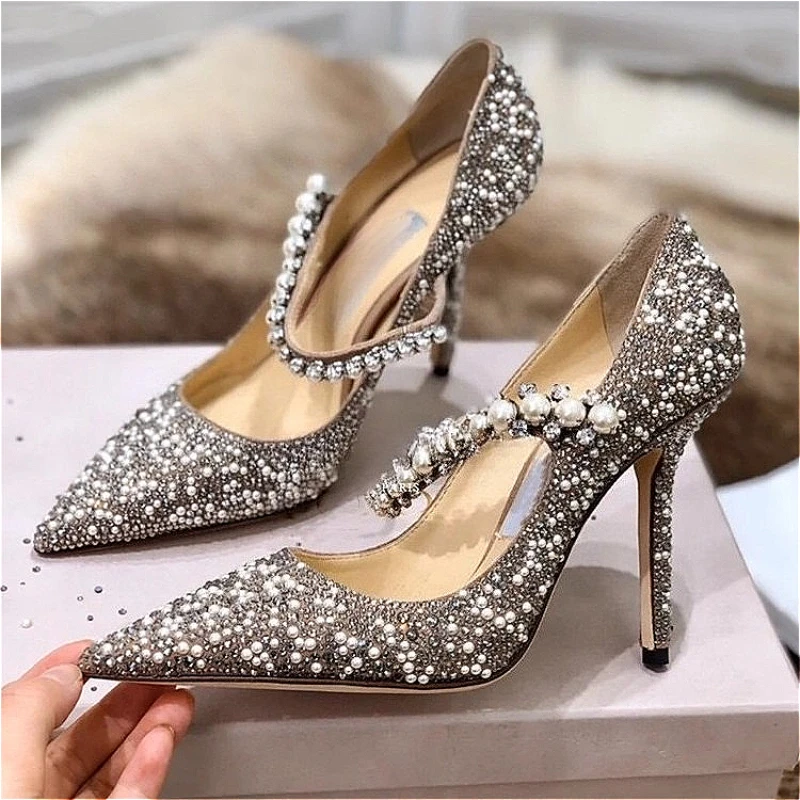 

Shallow Mouth Women's Single Shoes Spring and Autumn New High Heel Muller Pointed Fashion Pearl Rhinestone Mary Jane Shoes