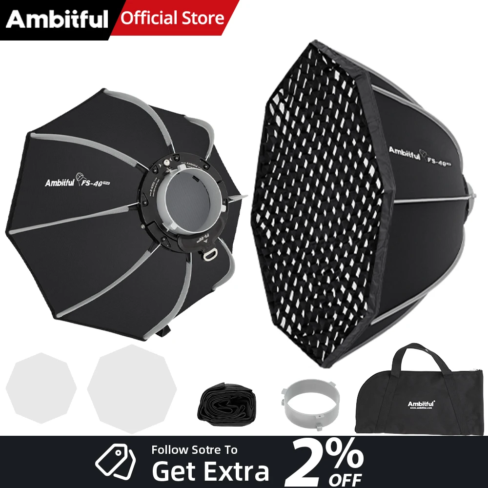 

Софтбокс AMBITFUL FS 40 см PRO с быстрой установкой и креплением Bowens для светодиодных видеосветильников Godox, Aputure, Sokani, Nanlite