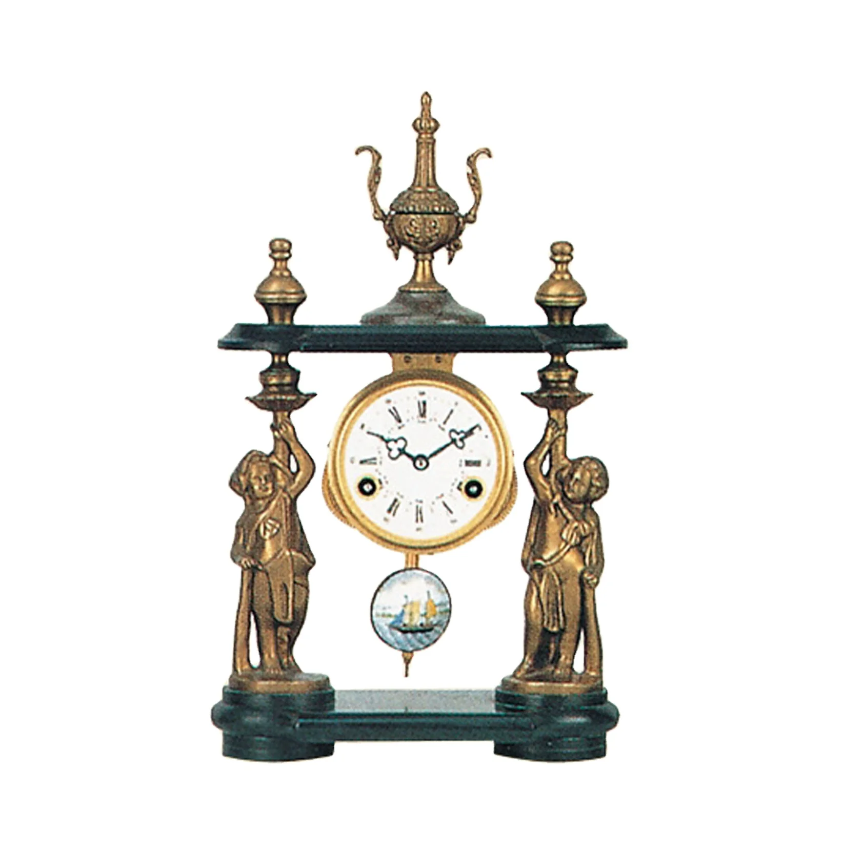 Antique French brass, marble porch, landscape, pendulum, mechanical striking table clock