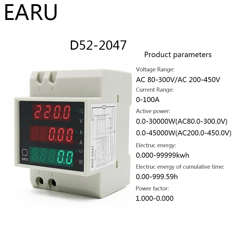 DIN-rail Multi-function LED Digital Meter AC 80-300V 200-450V 0-100A Active Power Factor Electric Energy Ammeter Voltmeter DIY