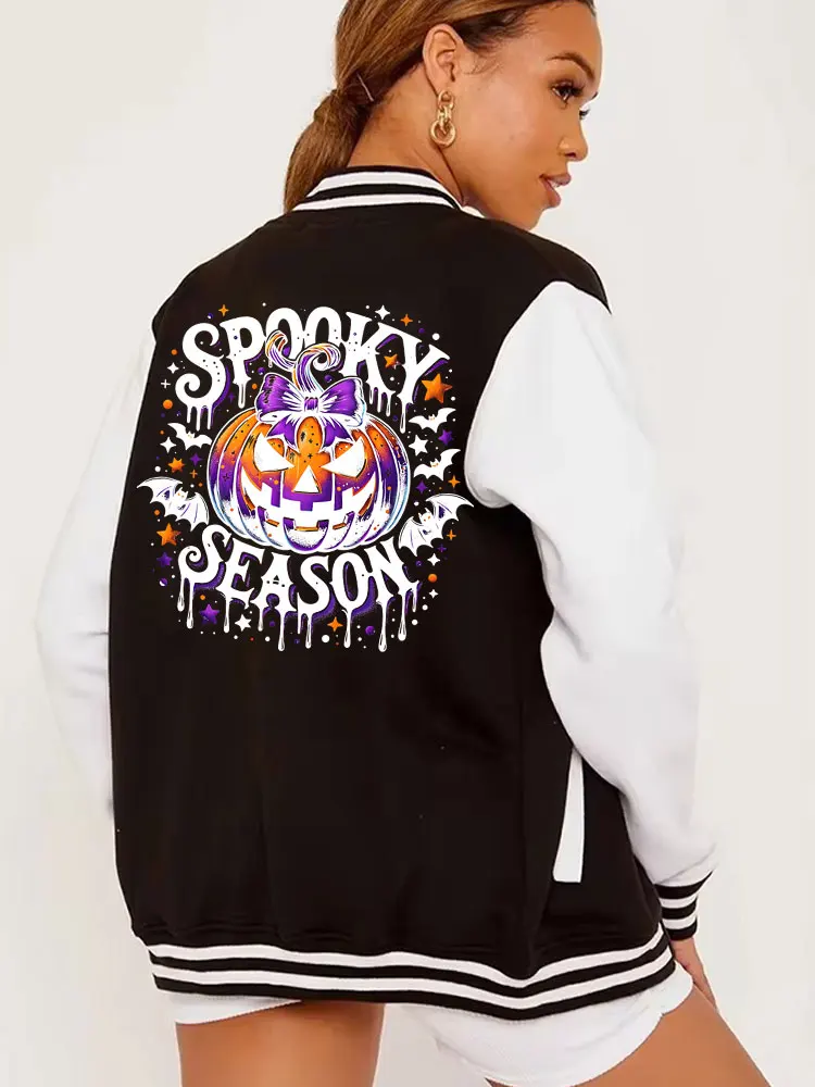 Chaqueta de béisbol para mujer, diseño de temporada escalofriante, calabaza, Halloween, moda urbana, ocio, versátil, equipo universitario