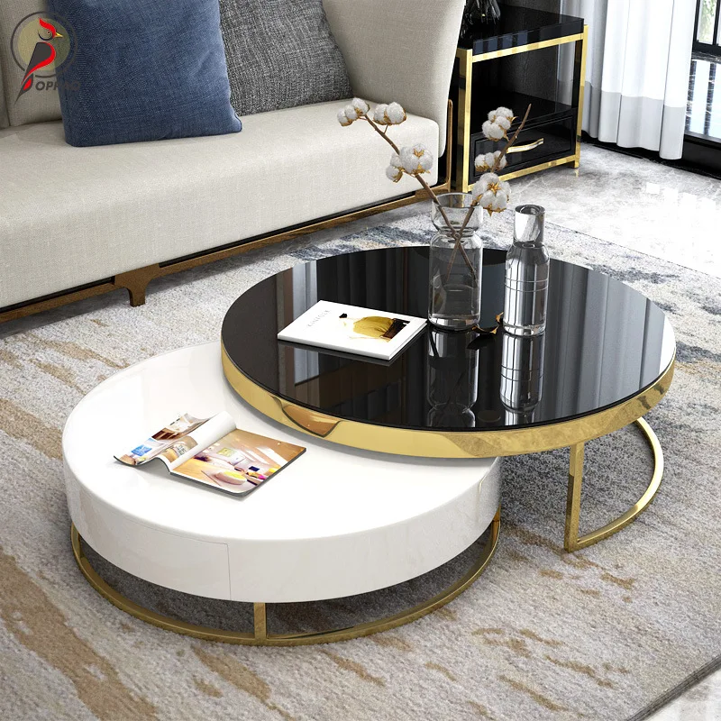 

Light luxury stainless steel with cabinet retractable locker paint apartment living room round coffee table Italian coffee table