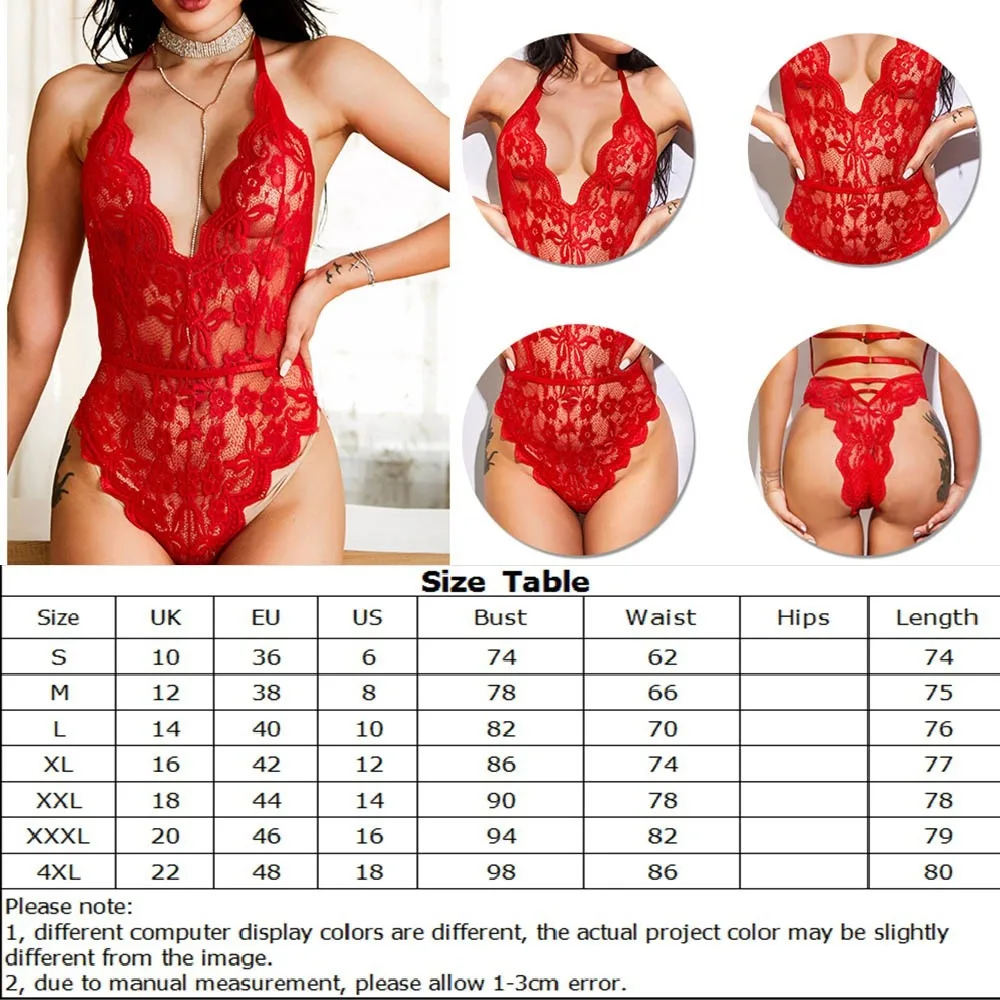 Sexy Floral Lace Mesh Teddy Hollow Out Halter Neck Backless Fishnet Thong Bodysuit Women\'s Lingerie & Underwear