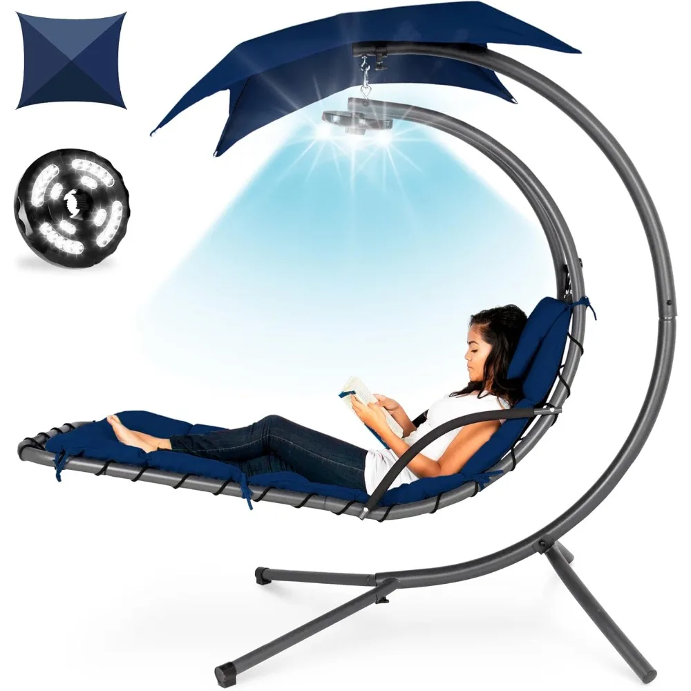 Hanging LED-Lit Curved Chaise Lounge Chair Swing for Backyard, Patio, Lawn w/ 3 Light Settings, Weather-Resistant Pillow