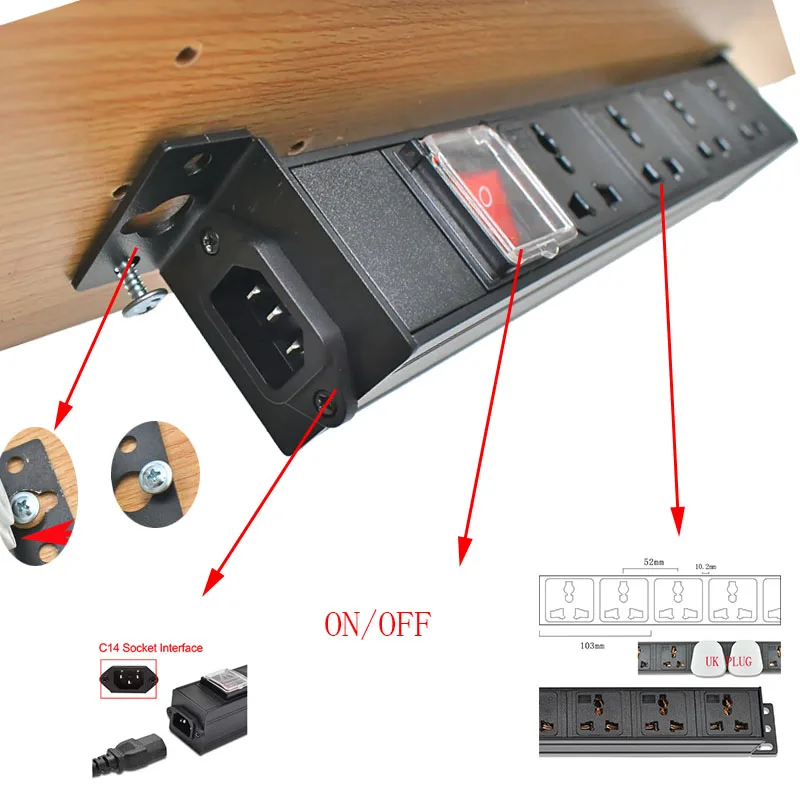 Desktop socket C14 port PDU power strip hidden Office Electrical Outlets 1-10AC 10A Universal output socket