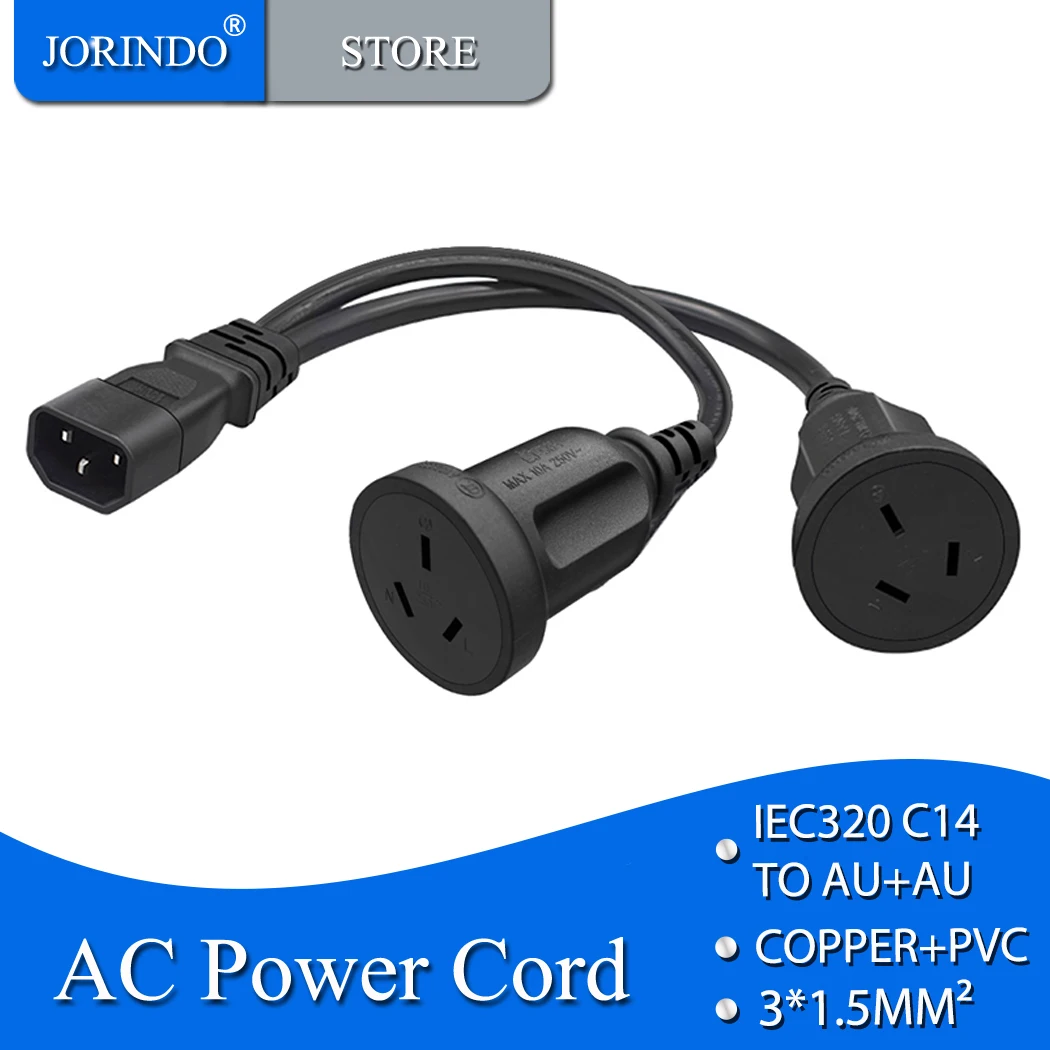 JORINDO IEC320 C14 TO 2 × AU Y-splitter power cord, C14 3-pin male to dual Australian 3-holes female AC power cord