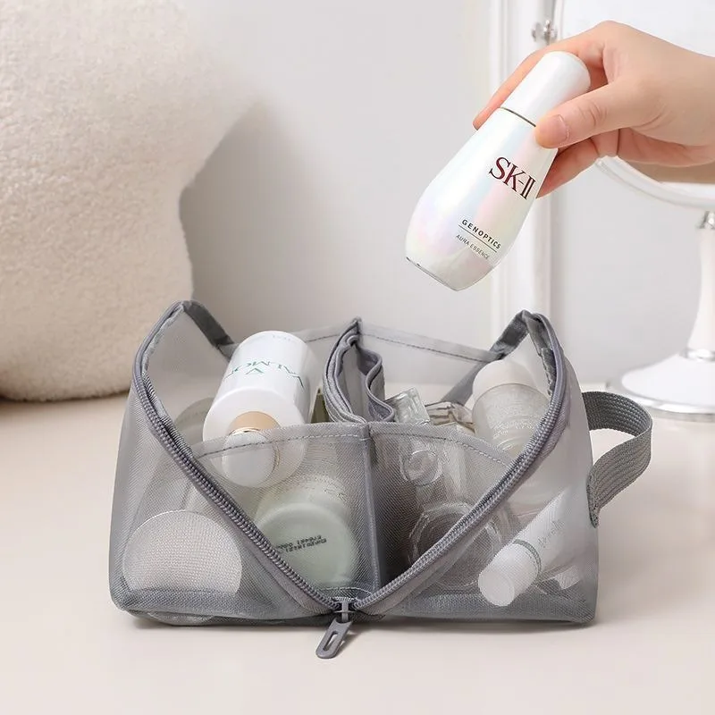 Netz-Make-up-Tasche, große Kapazität, Reise-Kosmetik-Organizer, doppellagige, durchsichtige Toilettentasche, tragbare Handtasche für Hautpflegeprodukte – Detail 5
