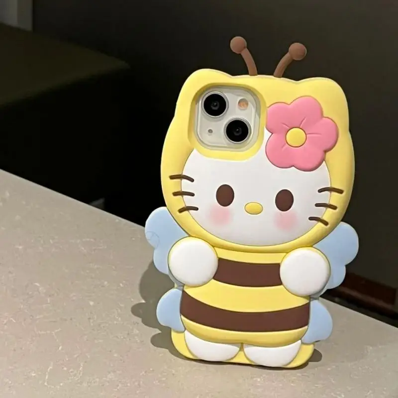 Sanrio Olá Kitty Silicone Macio Full Surround Caixa De Telefone, Casca De Proteção De Queda, Tridimensional, Kawaii Bee, iPhone 13, 14, 15