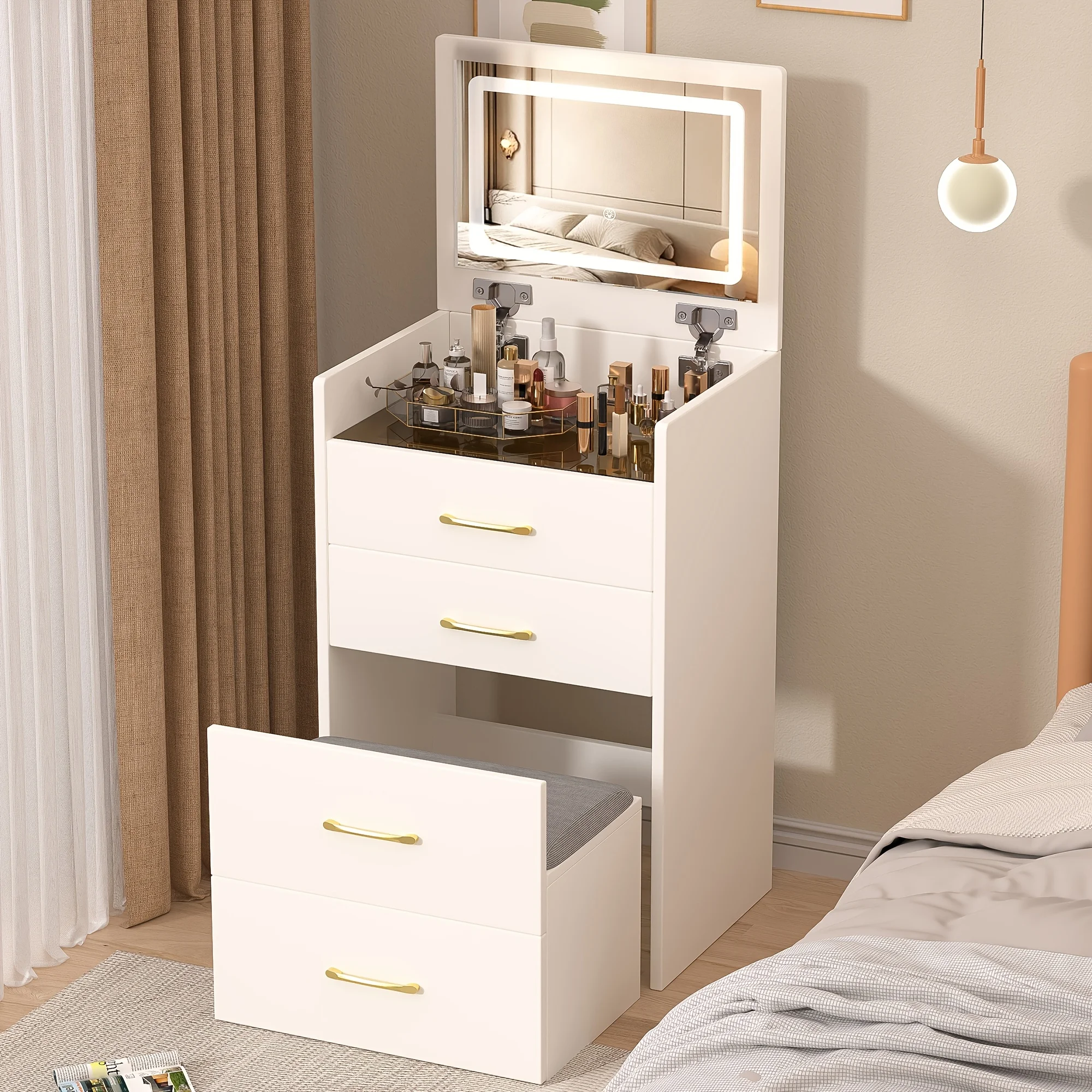 Open Top Mirror, Space-Saving Small Make Up Vanity Set, Visible Glass Desktop, 3 Drawers, Dressing Table for Bedroom